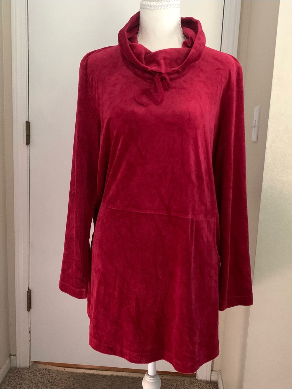 J Jill Pure Jill Tunic Velour Christmas Red Pima Cotton Blend Cowl Long Sleeves